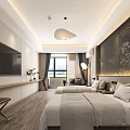 Hotel Guest Room With Twin Beds TV Chinese Style Decorative Painting And Wooden Elements 3d model