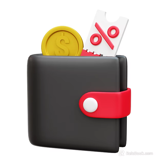 Black Leather Wallet With Red Buckle Containing Dollar Coin And Discount Note 3d model 