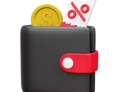 Black Leather Wallet With Red Buckle Containing Dollar Coin And Discount Note 3d model
