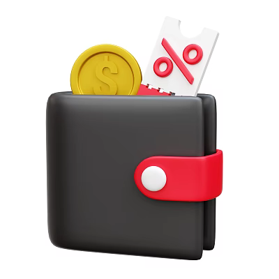 Black Leather Wallet With Red Buckle Containing Dollar Coin And Discount Note 3d model