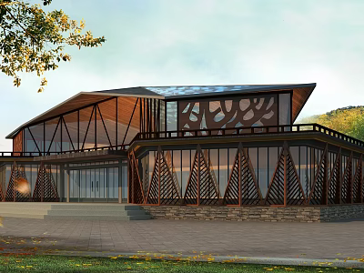 Modern Architectural Exterior With Large Glass Windows Wooden Decorative Elements And Green Surroundings 3d model