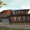 Modern Architectural Exterior With Large Glass Windows Wooden Decorative Elements And Green Surroundings