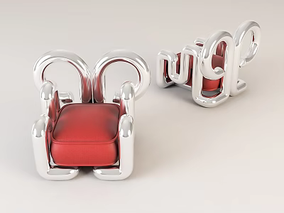 Modern Single Chair With Silver Curved Frame And Red Cushioned Seat Design 3d model