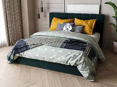 Double Bed With Dark Green Upholstered Headboard Yellow Blue Striped Pillows Gray Duvet White Patterns Black White Checkered Blanket 3d model