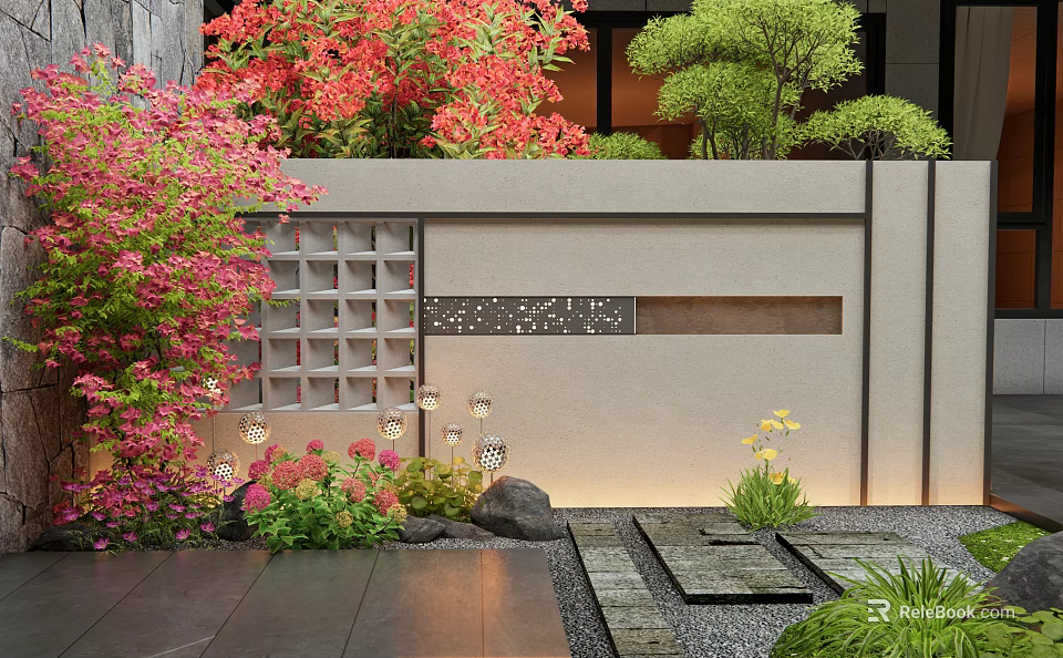 Garden Wall With Red Pink Flowers Green Trees Lanterns Stone Paths Rocks In Courtyard 3d model 