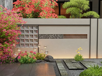 Garden Wall With Red Pink Flowers Green Trees Lanterns Stone Paths Rocks In Courtyard 3d model