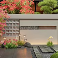 Garden Wall With Red Pink Flowers Green Trees Lanterns Stone Paths Rocks In Courtyard