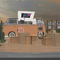 Urban Camping Garden Landscape Featuring Food Truck Wooden Platform Straw Seats and Cactus Trees