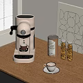 Coffee Machine As Kitchen Appliance On Wooden Table With Coffee Cup Jars And Wall Art