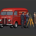 Red Geometres Truck With Surveying Equipment And Men In Coats