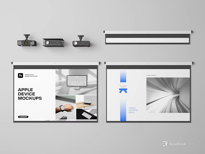 Projection Monitoring Setup With Surveillance Cameras Projector Screen And Keynote Mockups 3d model 