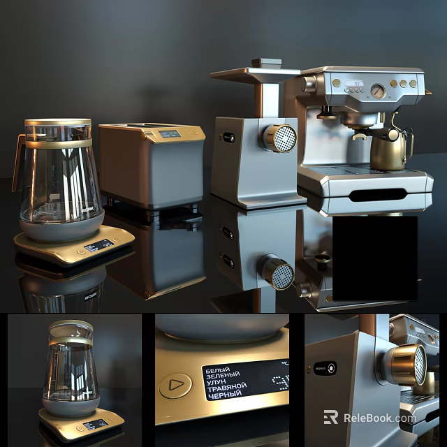 Sleek Modern Kitchen Appliances Set With Coffee Maker Toaster Electric Kettle And Metallic Finish 3d model 