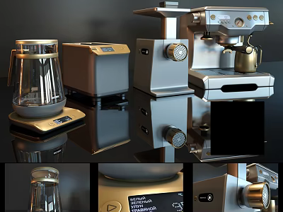 Sleek Modern Kitchen Appliances Set With Coffee Maker Toaster Electric Kettle And Metallic Finish 3d model