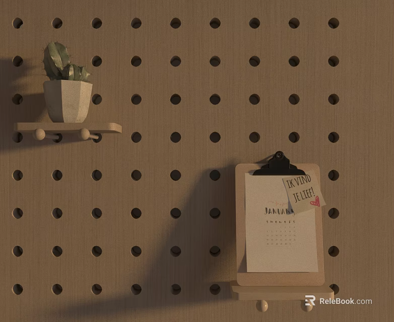Interior Swing Door Design Featuring Pegboard Potted Plant And Clipboard Calendar 3d model