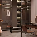 Modern Walk in Closet Interior With Hanging Clothes Dressing Table Mirror And Cabinets 3d model