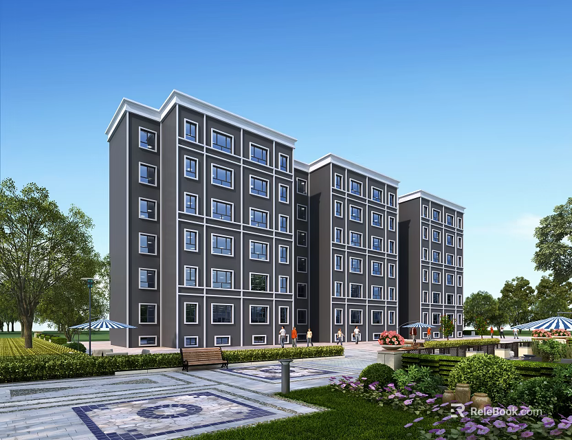 Multi story Modern Residential Building With Gray Exterior Trees Lawns And Clear Blue Sky 3d model 
