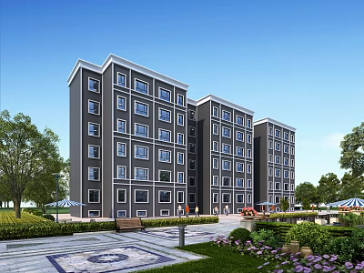 Multi story Modern Residential Building With Gray Exterior Trees Lawns And Clear Blue Sky 3d model