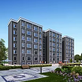 Multi story Modern Residential Building With Gray Exterior Trees Lawns And Clear Blue Sky