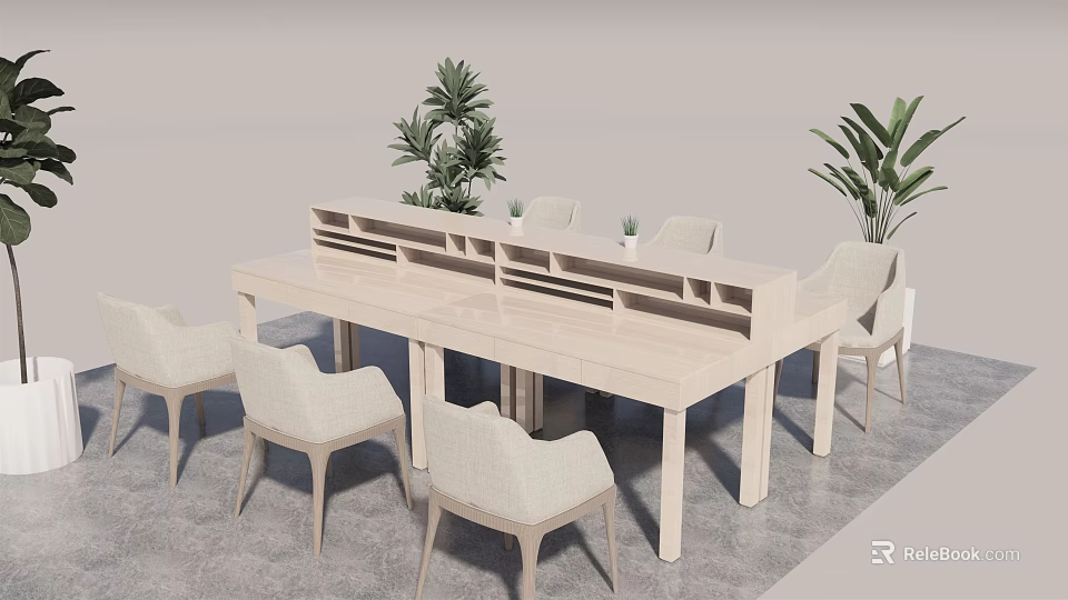 Modern Light Colored Dining Table And Chairs Set With Indoor Plants And Central Partition 3d model