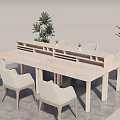 Modern Light Colored Dining Table And Chairs Set With Indoor Plants And Central Partition 3d model