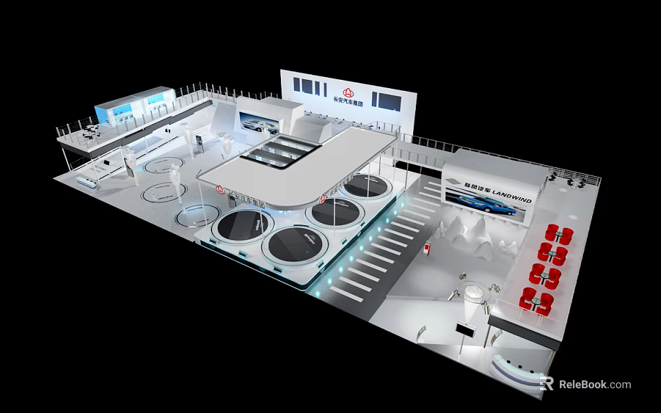 Modern Exhibition Booth Design With Open Layout Red Seats Display Screens And Circular Counter 3d model 