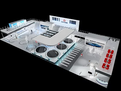 Modern Exhibition Booth Design With Open Layout Red Seats Display Screens And Circular Counter 3d model