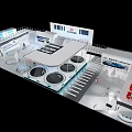 Modern Exhibition Booth Design With Open Layout Red Seats Display Screens And Circular Counter