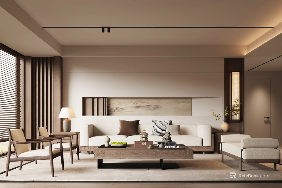 Modern Minimalist Living Room Interior Design With Beige Sofa Wooden Coffee Table And Floor Lamp 3d model 