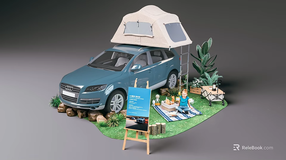 Interactive Area with Blue SUV Roof Tent Easel Picnic Mat and Camping Setup 3d model 