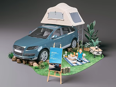 Interactive Area with Blue SUV Roof Tent Easel Picnic Mat and Camping Setup 3d model
