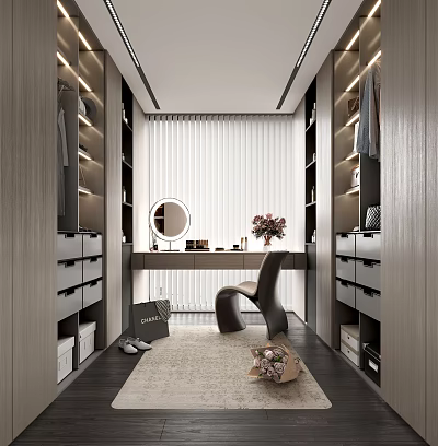 Modern Walk in Closet Design With Wooden Cabinets Dressing Table And Round Mirror 3d model