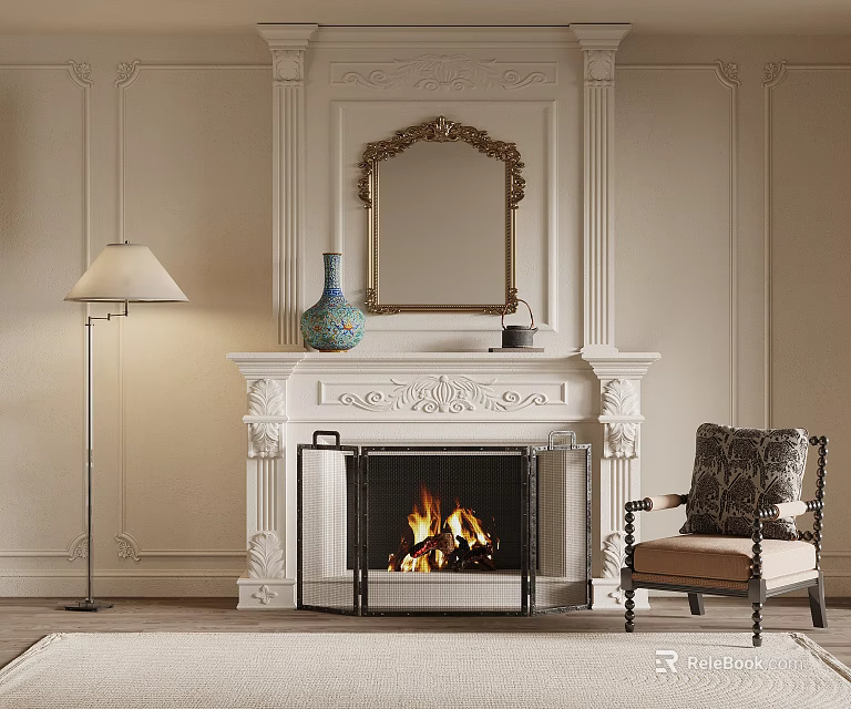 Elegant White Fireplace With Carved Details Golden Framed Mirror Burning Fire Floor Lamp And Armchair 3d model 