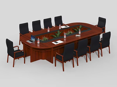 Oval Wooden Conference Table With Green Plants Laptop Water Bottles And Black Chairs 3d model