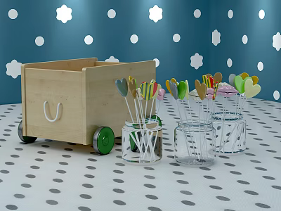 Colorful Treats in Glass Jars on Wooden Cart with Blue Flower Polka Dot Background 3d model