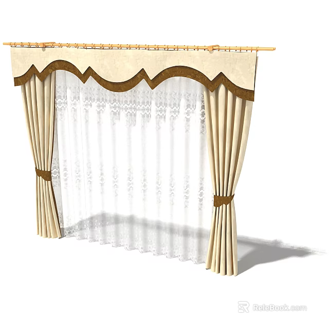 Beige Curtains With Brown Decorative Trim And White Lace Inner Layer Scalloped Top 3d model 