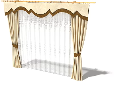 Beige Curtains With Brown Decorative Trim And White Lace Inner Layer Scalloped Top 3d model