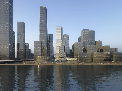 Modern Office Buildings With Glass Curtain Walls In City Skyline By Waterfront 3d model