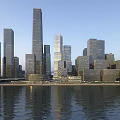 Modern Office Buildings With Glass Curtain Walls In City Skyline By Waterfront