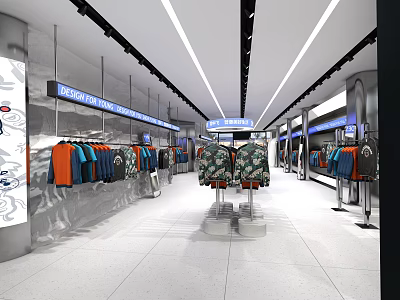 Modern Clothing Store Interior With Colorful Apparel Racks And Camo Jackets 3d model