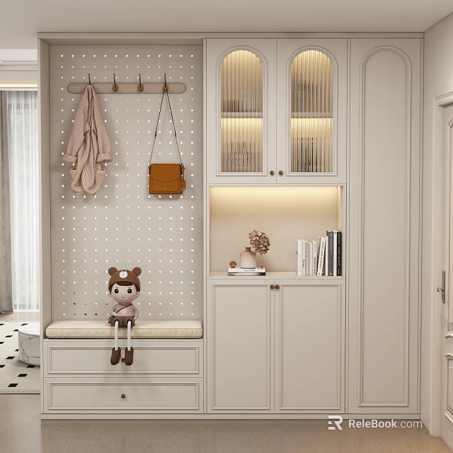 White Entryway Cabinet With Side Cabinet Hanging Rack Bench Doll Decorations And Lighting 3d model