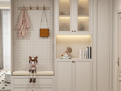 White Entryway Cabinet With Side Cabinet Hanging Rack Bench Doll Decorations And Lighting 3d model