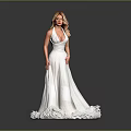 Elegant Woman Wearing White Long Dress With Deep V Neck And Fluffy Hem Against Grey Background