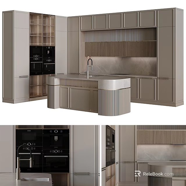 Modern Kitchen Interior With Marble Island Counter And Integrated Appliance Cabinets 3d model 