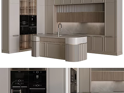 Modern Kitchen Interior With Marble Island Counter And Integrated Appliance Cabinets 3d model