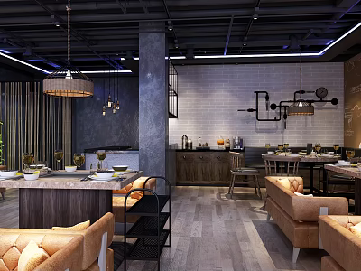 Industrial Style Restaurant Interior With Brown Leather Sofas Wooden Tables And Pendant Lights 3d model