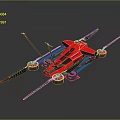 Red Streamlined Vehicle With Black Blue Details Four Wheels And Striped Wings Dark Background