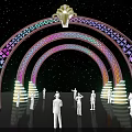 Event Entrance With Colorful Arches Golden Decoration Illuminated Patterns Steps Starry Background And People Silhouettes