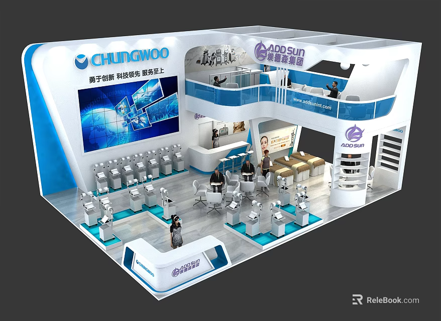 CHANGHOO 2023 Shanghai Two Story Blue White Exhibition Booth With Product Displays 3d model 