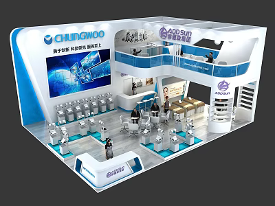 CHANGHOO 2023 Shanghai Two Story Blue White Exhibition Booth With Product Displays 3d model