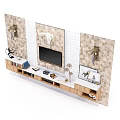 Rustic TV Background Wall with White Brick Accent Patterned Stone Tiles and Wooden Console 3d model